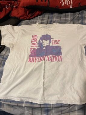 JACKSON White Rhythm Nation 1990 Tour Tee with Pink and Purple Graphic